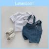 Macacão Jeans Fofo Estilo Coreano para Bebê com Conjunto de Manga Curta para o Verão com Adorável Estampa de Letras
