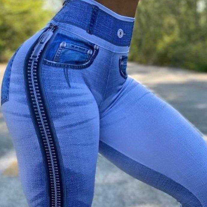 High-Waisted Plus Size Women's Faux Denim Leggings for Fitness & Yoga
