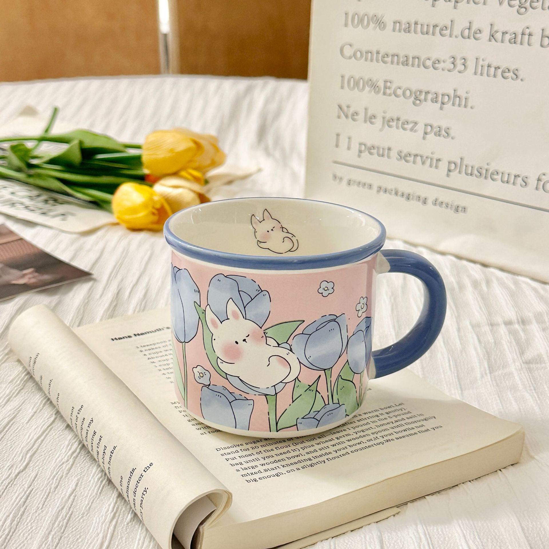 

Mug with Lid High Value Ins Fengshui Cup for Girls Cute Home Breakfast Cup Ceramic Cup Souvenir Gift 301-400ml