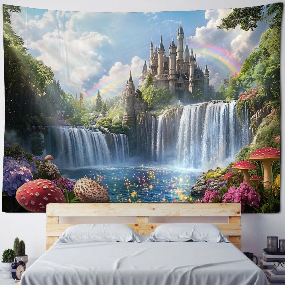 Dreamy Castle Background Wallpaper, Bedroom Tapestry, Cartoon Decoration, Hippie Aesthetic Home Wall Hanging, Yoga Mat