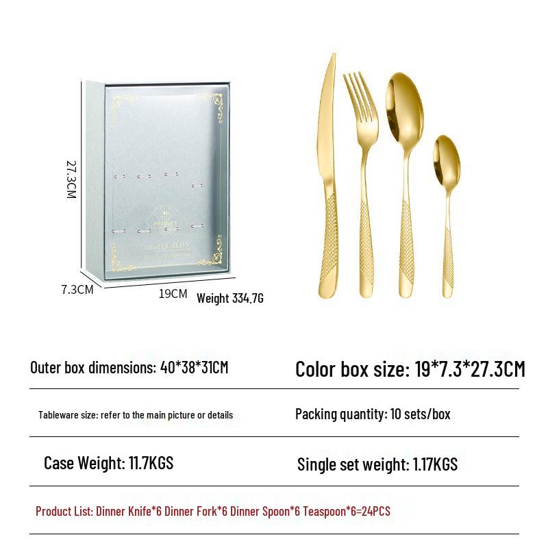 24-elementowy Złoty Zestaw Sztućców ze Stali Nierdzewnej z Wzorem Gwiazdy i Diamentu - Nóż, Widelec, Łyżka w Pudełku Prezentowym