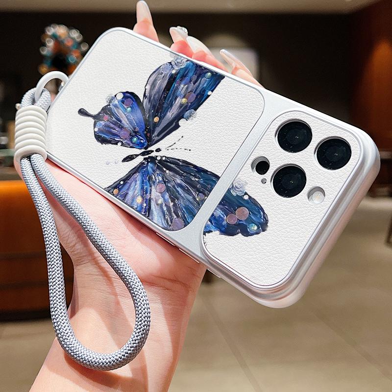 Butterfly Print Leather Lanyard Case For iPhone 18 Pro Max 17 16 15 14 13 Pro Max Luxury Hybrid TPU+PU Anti-skid Soft Phone Cover