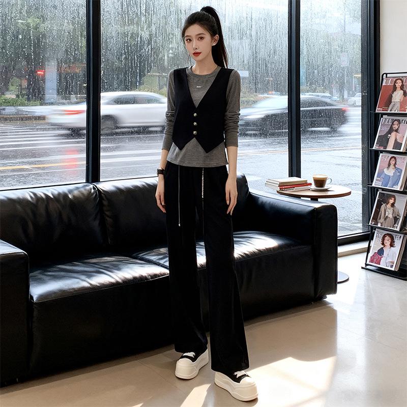 Korean Style Elegant Spring 2026 Black-Gray Top & Wide-Leg Pants Sportswear Set Small