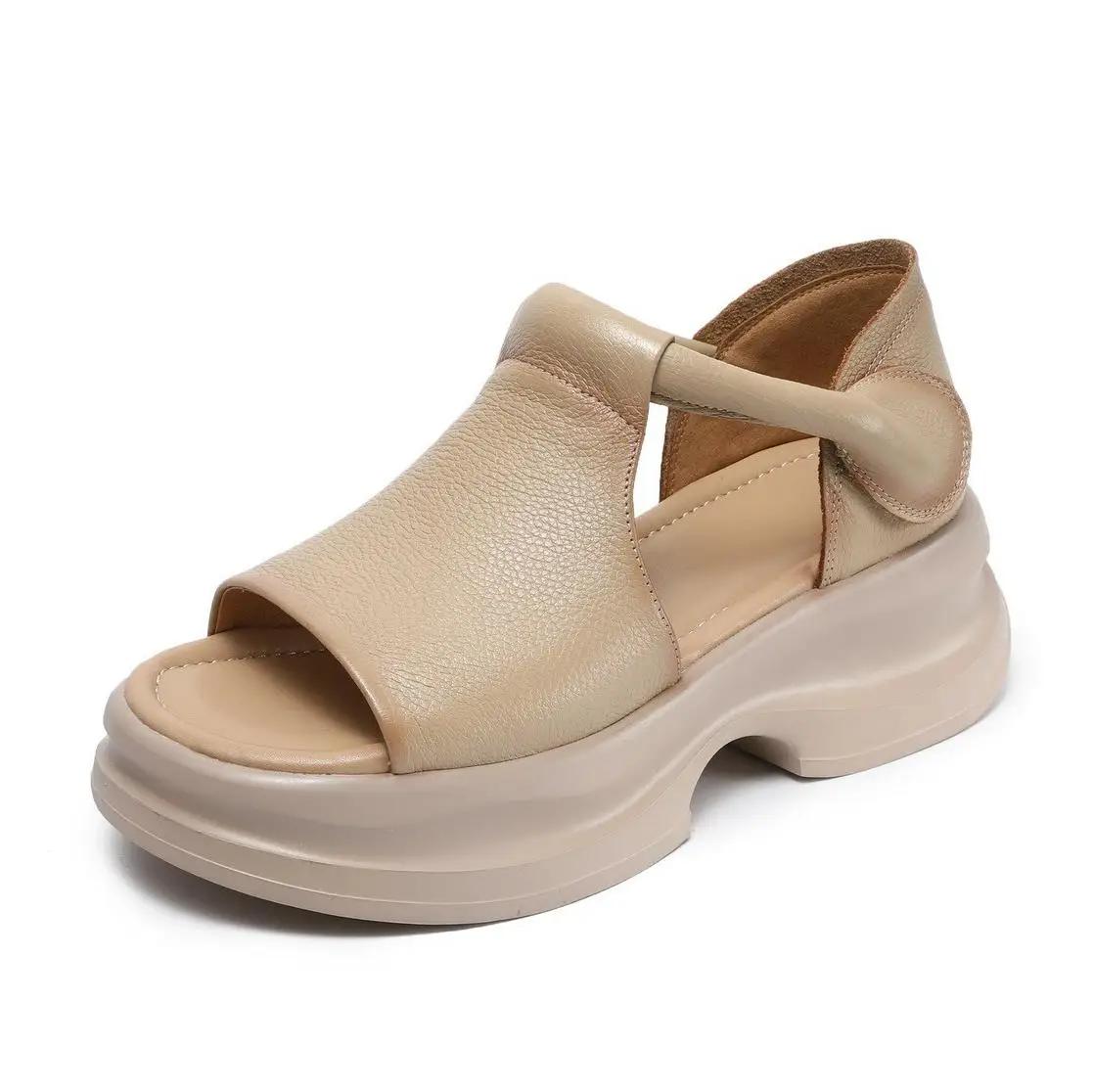 

5CM Summer Shoes Women Thick Heel Sandals New Design Hook&Loop Genuine Leather Open Toe Casual Platform Sandals Ladies Slippers 40 бежевый