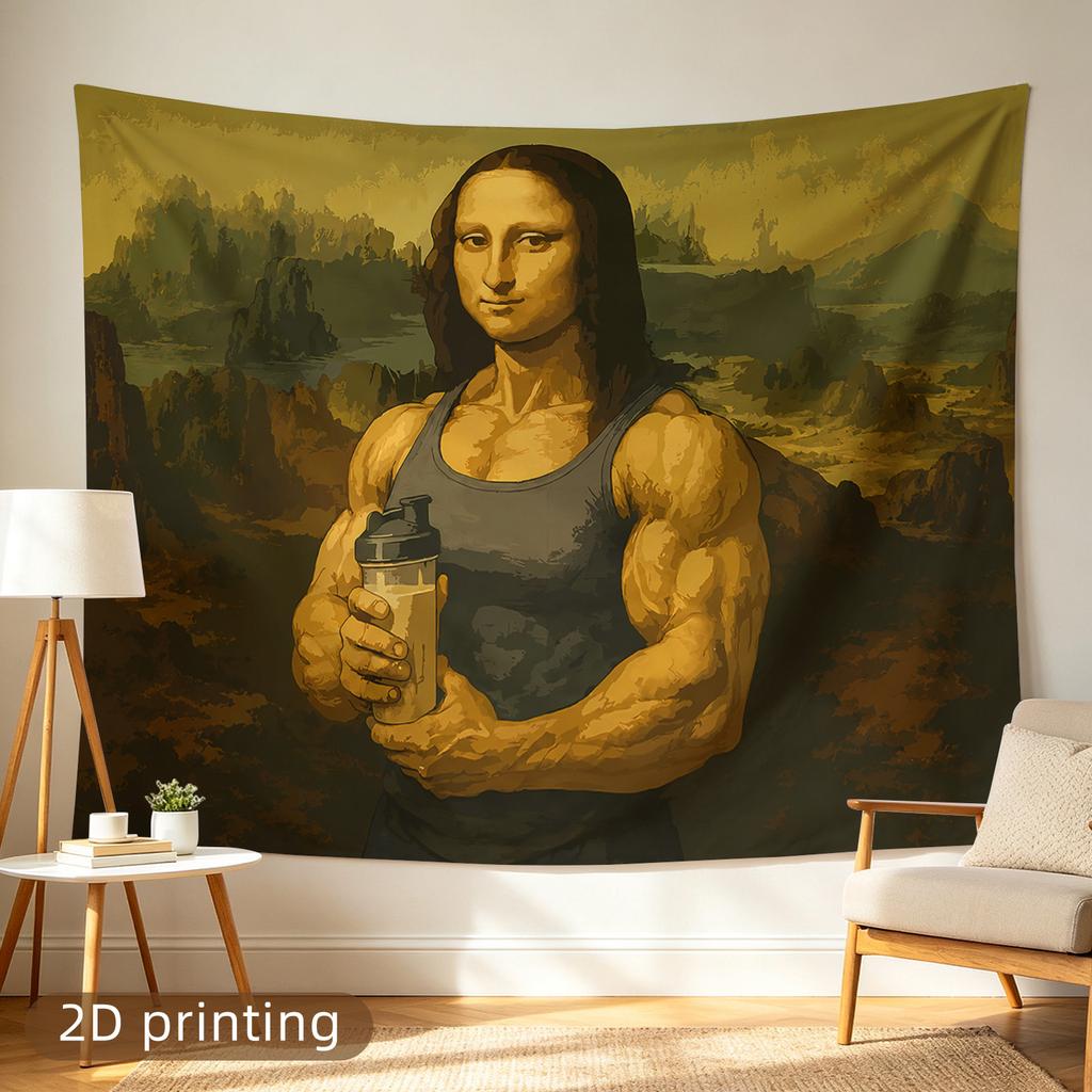 2D Flat, 1pc 2D Printed Tapestry, Large/Small Size, Muscular Mona Lisa Holds Protein Shake, Aesthetic Wall Decor, Home Decor, Not Emitting Light, Suit