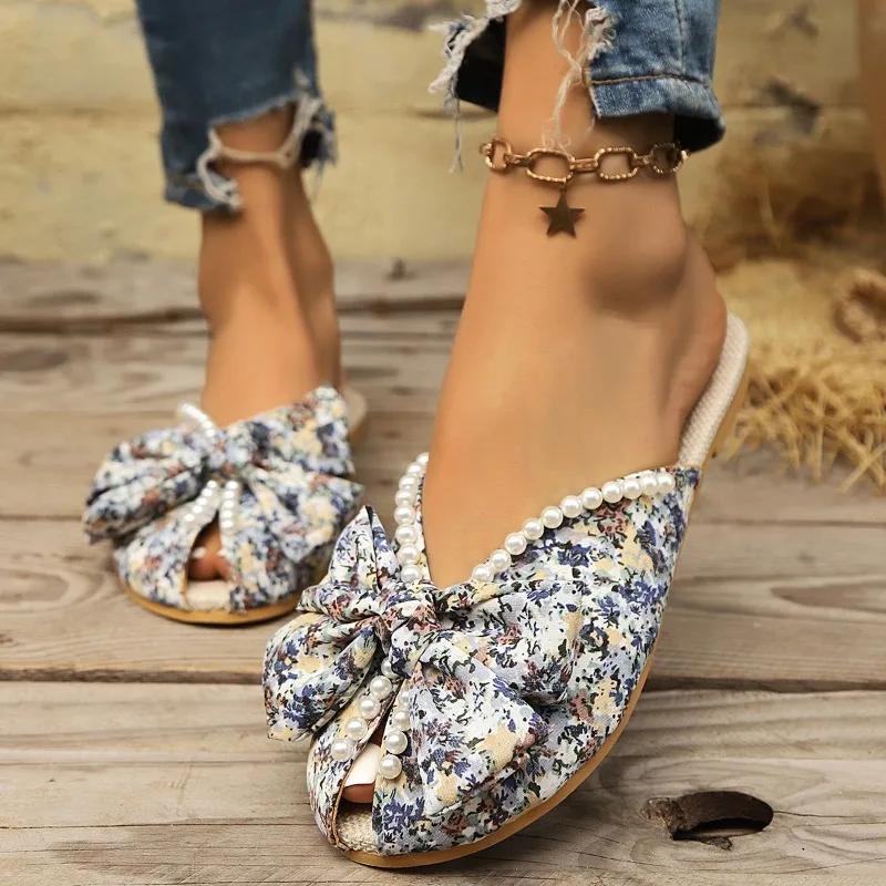 Fashion 2025 Summer Closed Toe Women's Slippers Fashion Outdoor Butterfly-knot Casual String Bead Plus Size Best Seller Flat Slippers