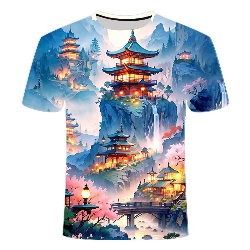 2024 Summer New 3D Printed Short Sleeve Antique Architectural Beauty Series Men's Crewneck T-shirt