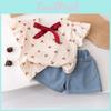 Charming Girls Summer Outfit With Cute Cherry Print Bow And Delicate Lace Denim Shorts For Toddler Girls
