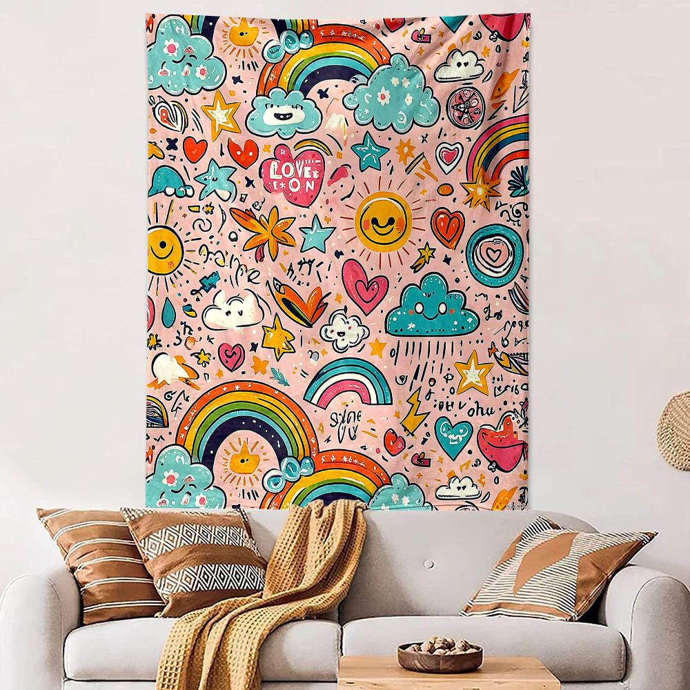 Retro Rainbow Doodle Wall Tapestry Smiley Sun Clouds Hearts Stars Pink Y2K Decor for Girls Bedroom Dorm Gift