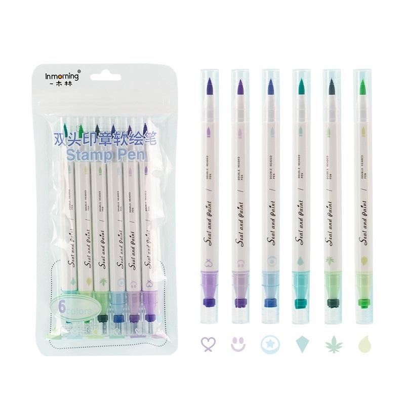 

Набор цветных штемпельных ручек, 6 шт., двусторонняя кисть для печати и хайлайтер, художественный маркер для рисования