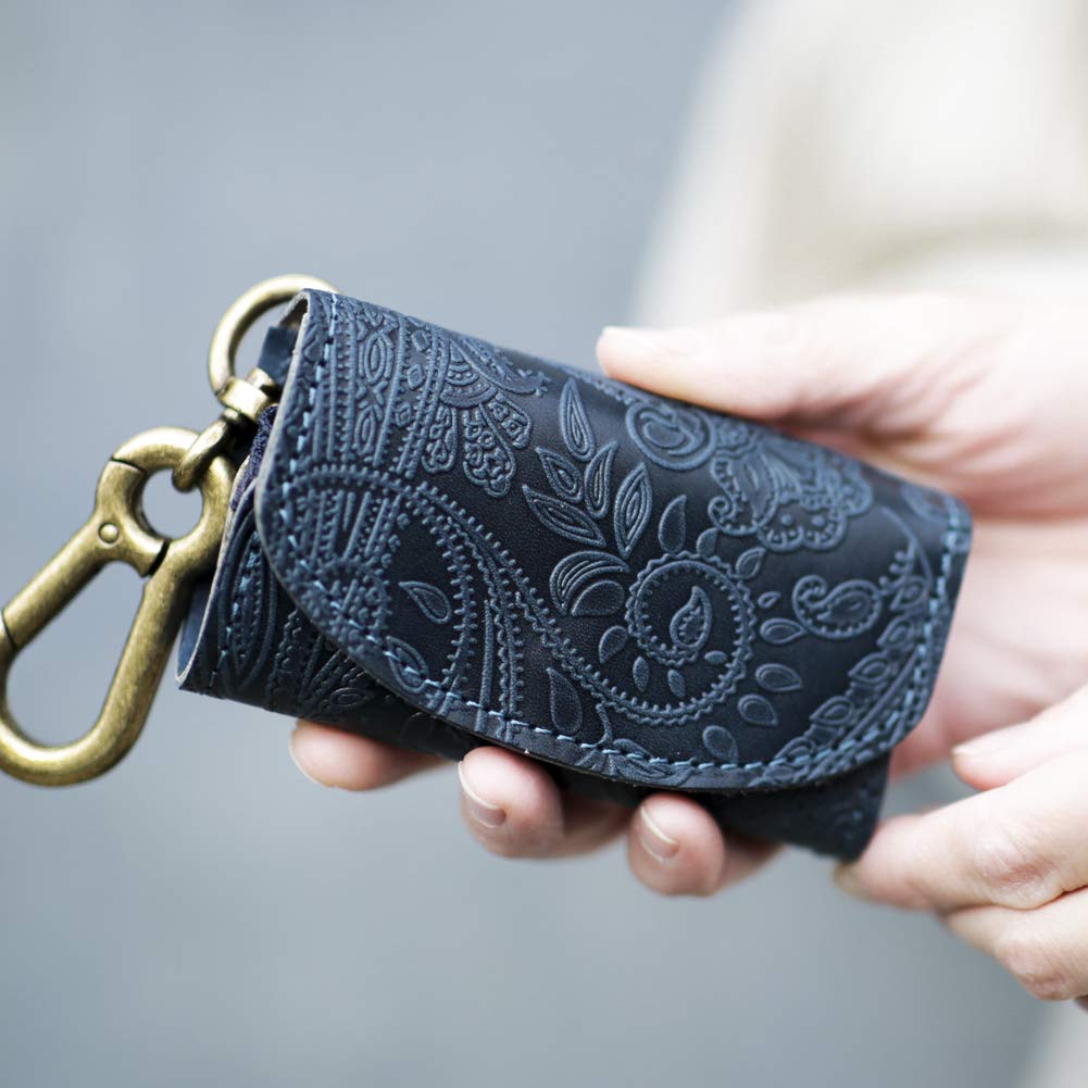 VINCENT CRAFTED Made in Japan Tochigi Leather Paisley Carabiner Key Case & Coin Case PAOLO Keychain for Women and Men <V1 PAOLO Navy>