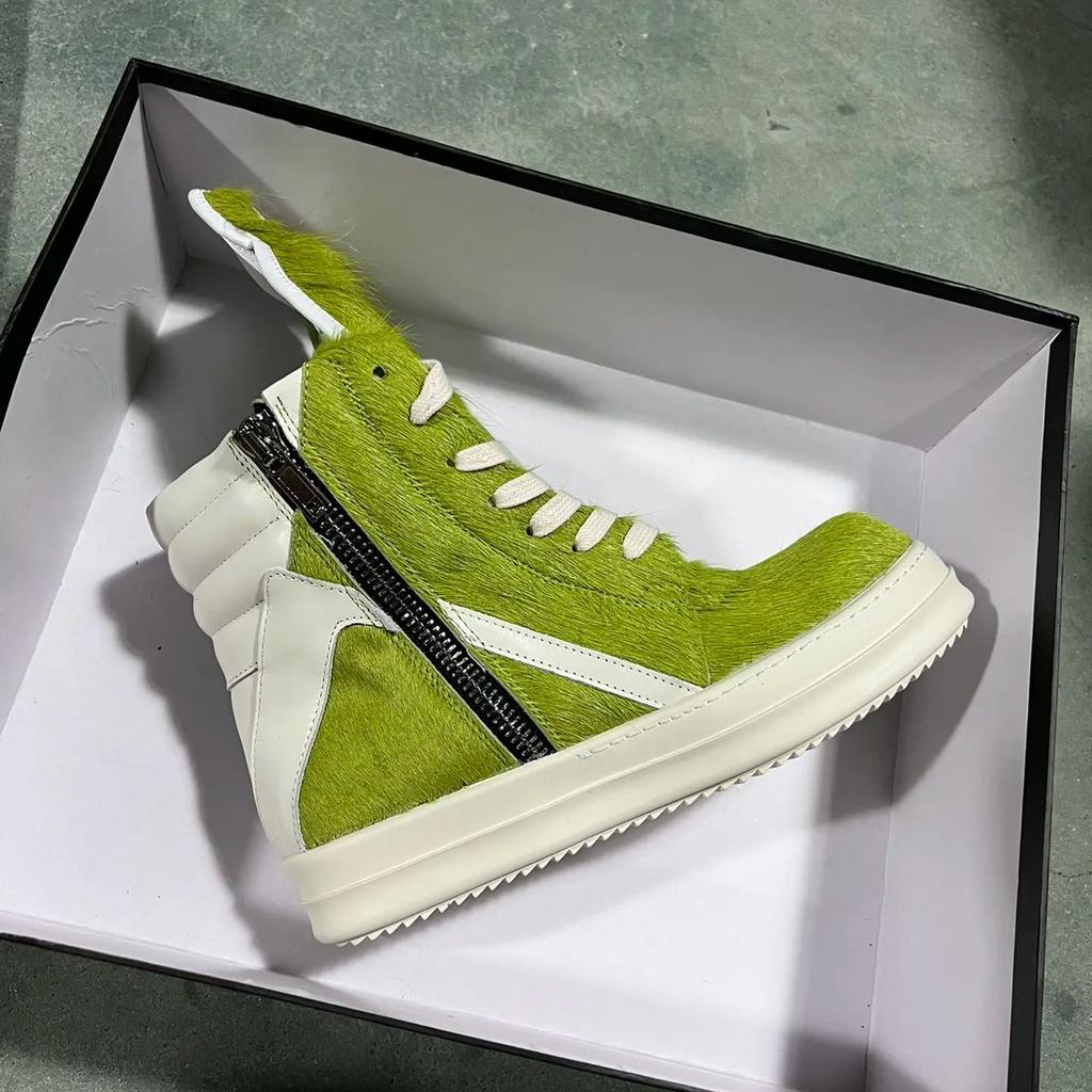 Minimalistische Qualität Grasgrün Rosshaar Echtleder Lässige Herren Pelzschuhe Damen High Top Pelzige Sneakers Ballerinas Stiefeletten