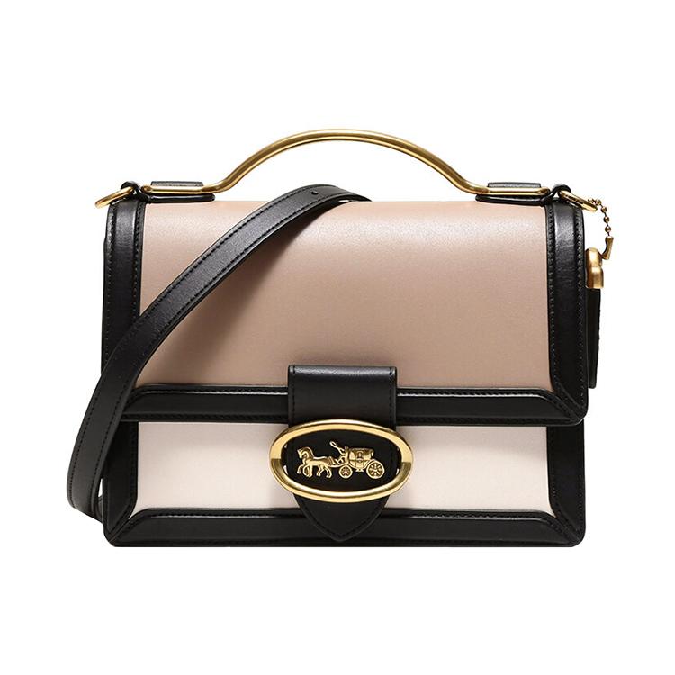 

Новая кожаная сумка-сундук COACH, маленькая квадратная сумка, сумочка, сумка через плечо, сумка кроссбоди среднего размера женская цвет молочный чай и белый и черный 78377-B4P3P 22.1*8.9*15.0CM