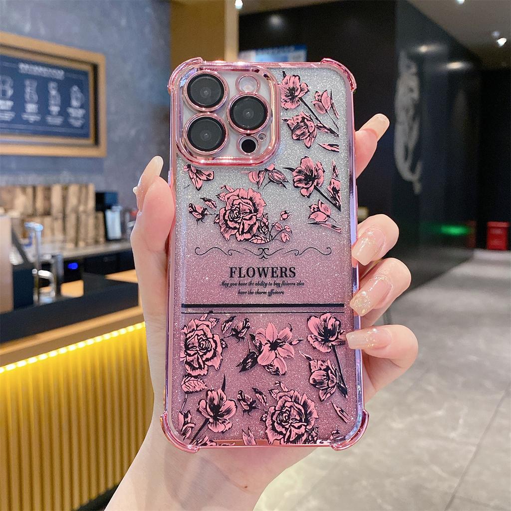 Applicable to Samsung S26 glitter electroplating mobile phone case S25FE retro flower A37 four corners anti-drop A57 lens film soft
