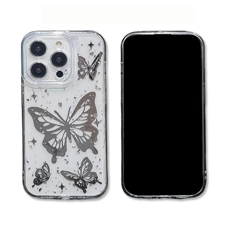 Electroplated Butterfly 17 Mobile Phone Case For Iphone16Promax Fine Hole Lens All-Inclusive Apple 15 Silver Foil Transparent