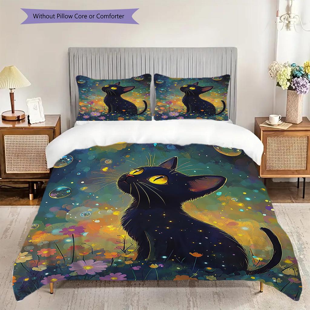 Black Cat Pattern Bedding Quilt Set Quilt Cover Pillowcase Home Decoration Birthday Gift (1 * Duvet Cover + 2 * Pillowcase, Without Core)