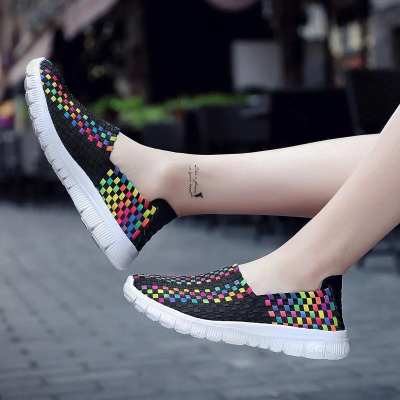  Casual Women Flat Shoes Weave Woman Shoe Soft Sole Sweethearts Slip-on Girls Shoes Comfortable Colorblock Lattice Loafers