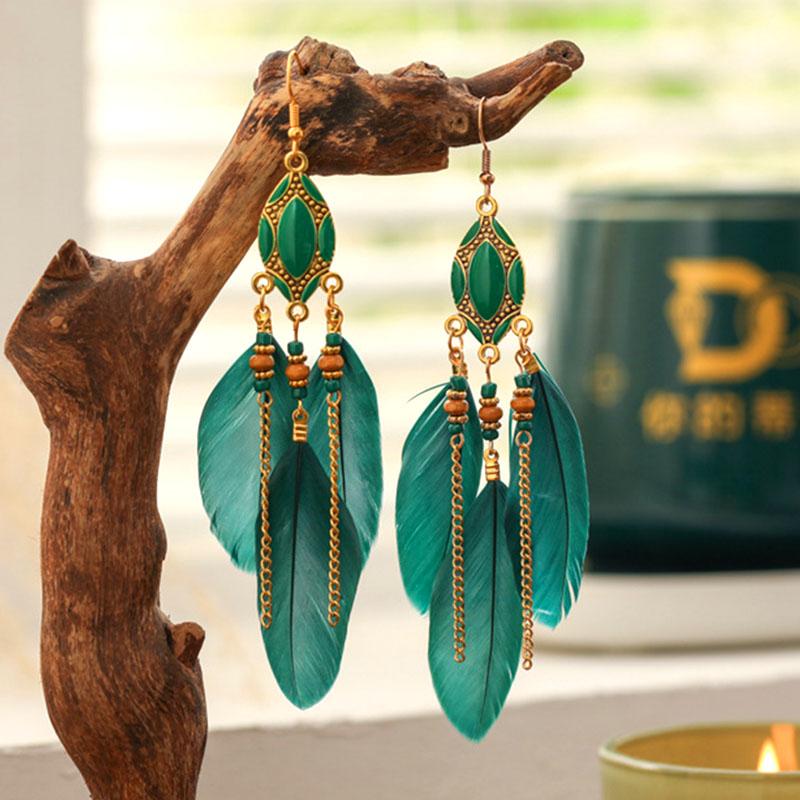 Classic Bohemia Feather Dangle Earrings for Women Fashion Long Colorful Enamel Handamde Earring Female Party Wedding Jewelry