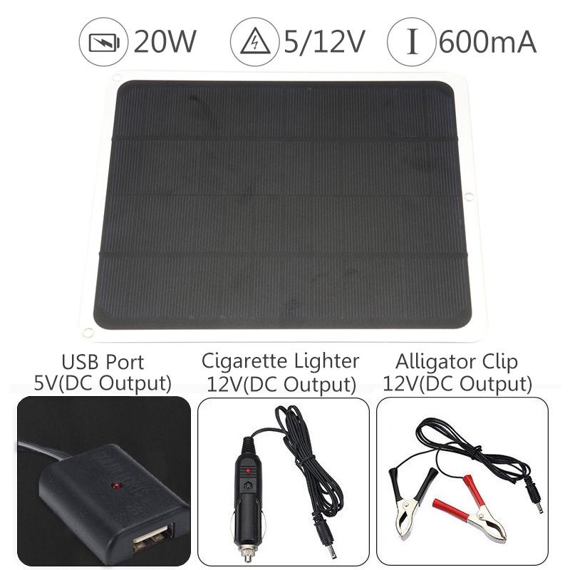 DC 12V / 5V 20W Output Solar Panel Car Charger Outdoor Charger Power USB 2.0 Port 600 mA