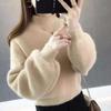 Women's Mink Velvet Lantern Sleeve Sweater - Loose, Half High Collar, Autumn/Winter Outerwear