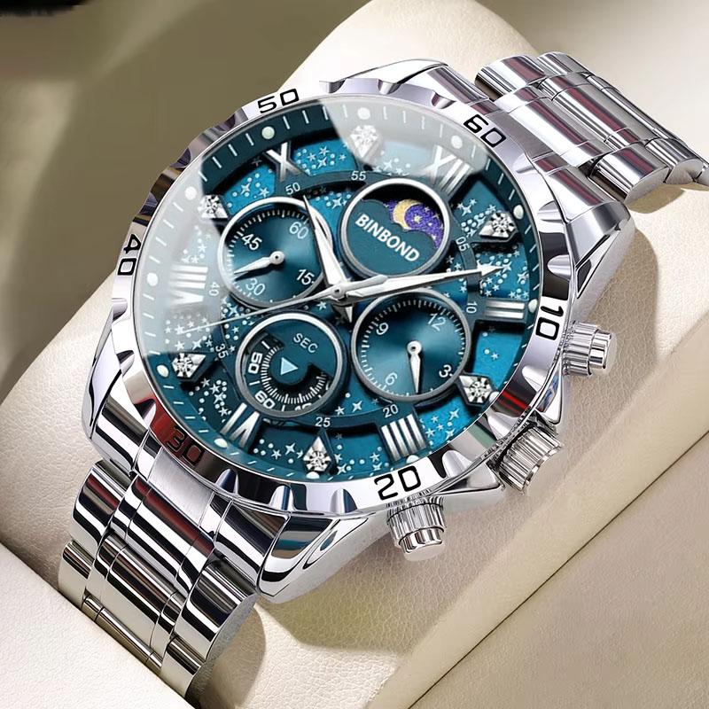 BINBOND Luxury Fashion Men Watches Multi-functional Stainless Steel Original Quartz Wristwatch Moon Phase Chronograph Waterproof