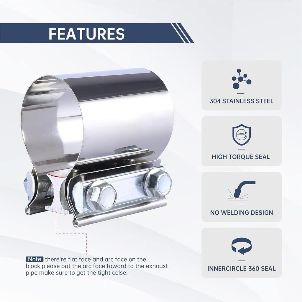 3'' Inch Butt Joint Exhaust Seal Band Clamp,Exhaust Band Clamp T304 Stainless Steel Universal (2 Packs)