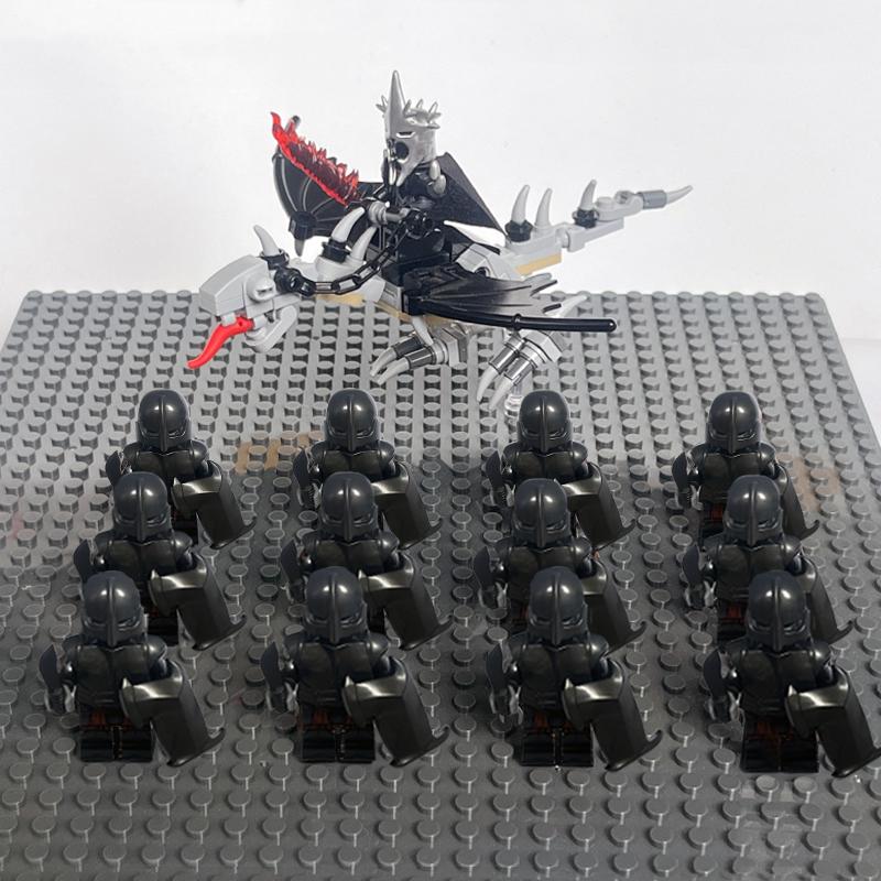 14pcs MOC Medieval Dwarf Warrior Elves Knights LotR Uruk-hai Orc Rohan Soldier with Witch King Leader Figure Building Block Toys