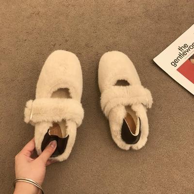 Moda inverno pele sapatos baixos feminino quente pelúcia mary jane sapatos casuais ao ar livre sapatos de bico redondo