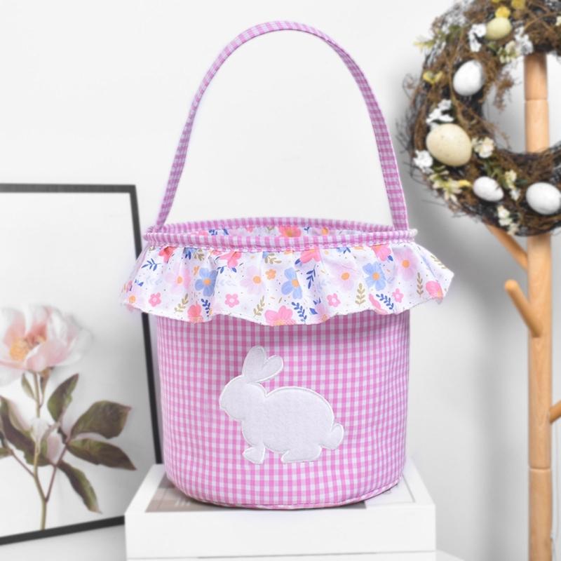 Reusable Fabric Easters Bucket Rabbit Print Decorative Bin Eggs Hunt Organizers Basket For Treats Storage Holiday Gifts