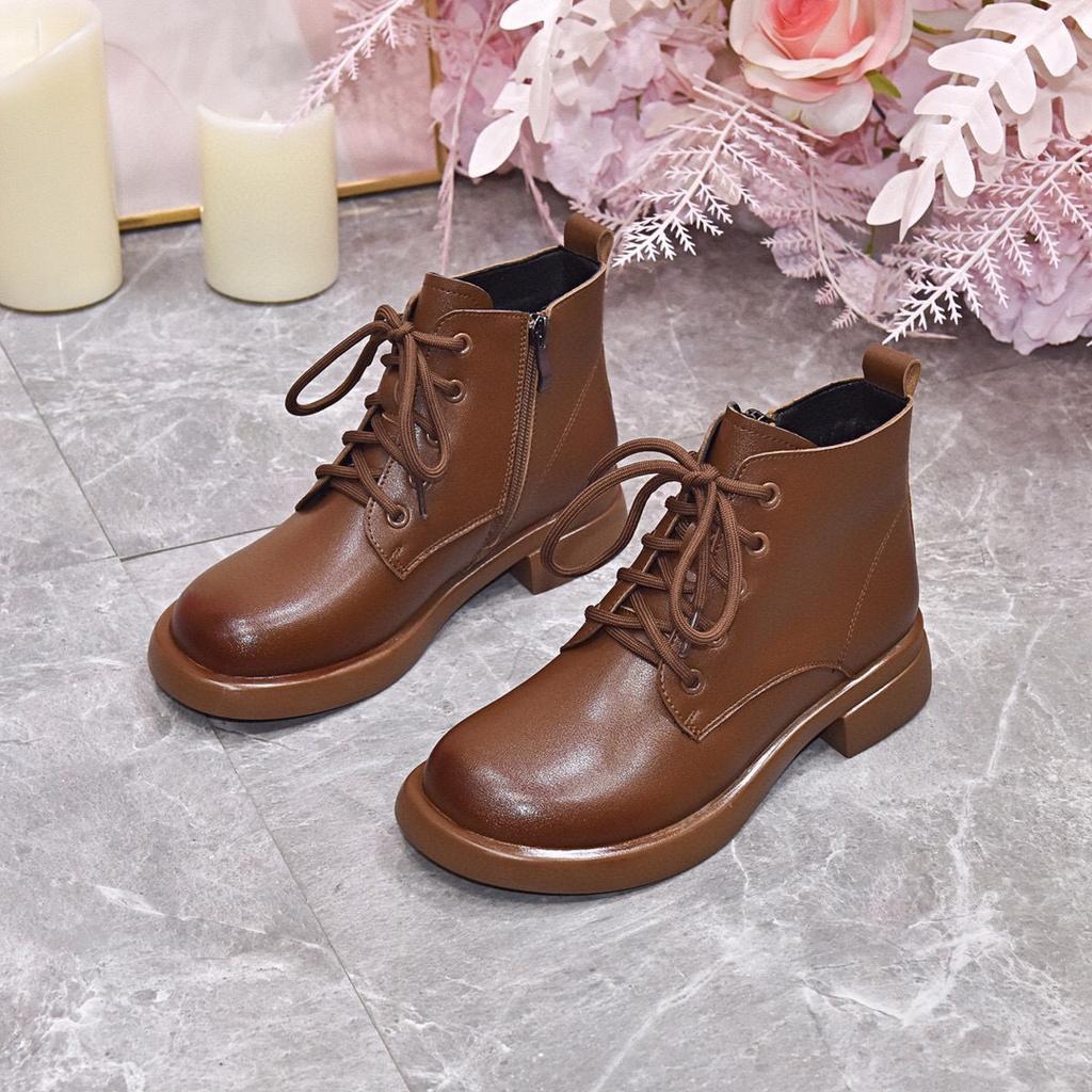 Martin boots women's 2025 autumn and winter new round head flat bottom cowhide short boots comfortable casual British style women's cotton boots lea