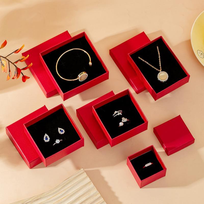 Red Jewelry Box With Cotton Pad Paper Jewelry Case Travel Portable Ring Earrings Necklace Gifts Packageing Storage Boxes