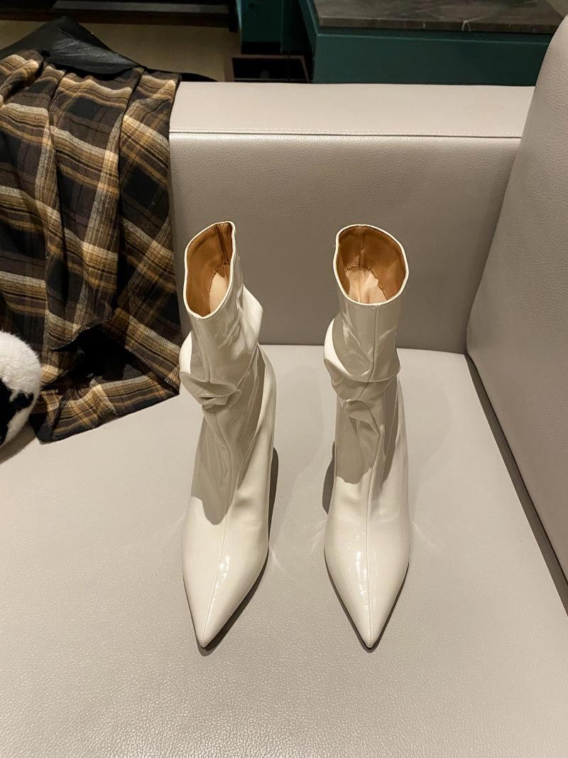 

2025 autumn new Korean version pointed-toed thin-heeled thin boots European and American fashion high-heeled short boots pleated women s boots fashi 40 білий