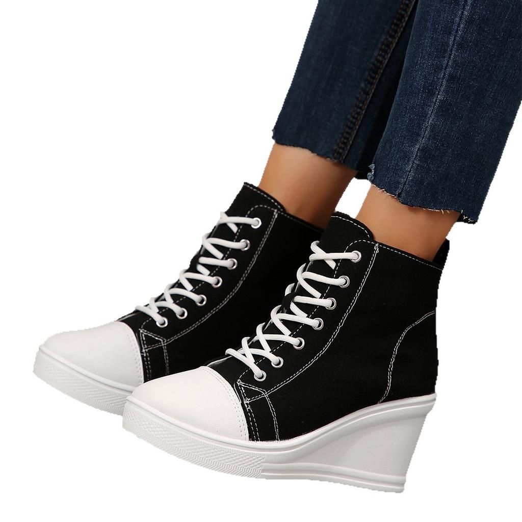 2025 New Large Size High-top Canvas Shoes Women's Muffin Bottom Thick-soled Wedge Heel Single Shoes Fashionable Versatile Lace-up High-top Shoes