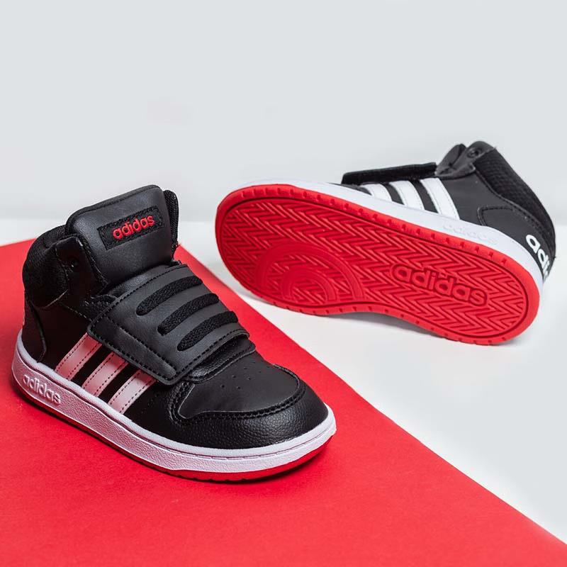 adidas Neo Hoops 2.0 Mid Leather Breathable Mid Top Vintage Basketball Shoes Black White Red Infant And Toddler FY9291