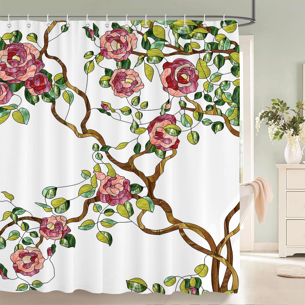 Plum Blossom Flower Leaves Shower Curtain Watercolor Plant Floral Pattern Waterproof Polyester Bathroom Curtain Decor With Hooks