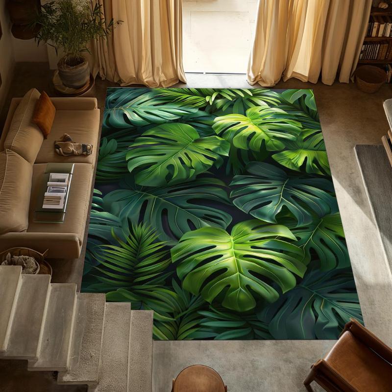 

2D Green Monstera Leaf Area Rug Tropical Plant Themed Floor Carpet Non-Slip Washable Bathroom Doormat Living Room Kitchen Carpet 40X60cm