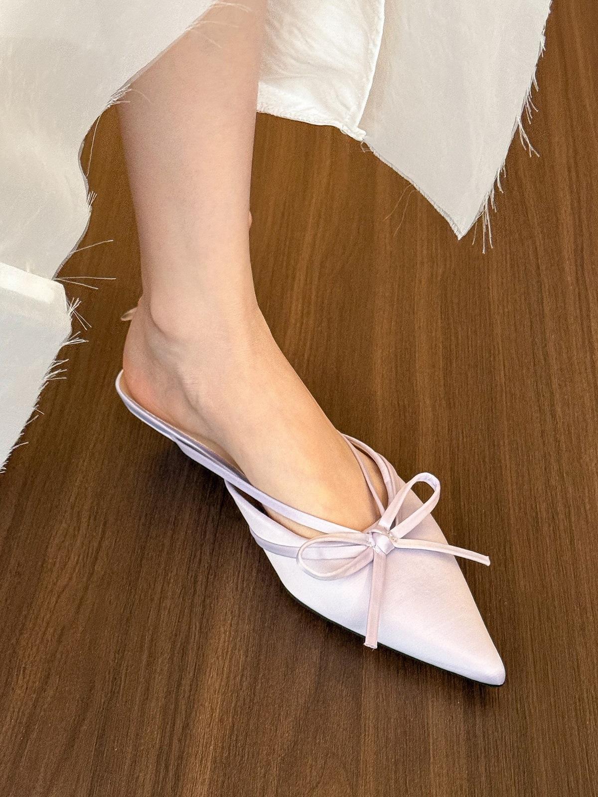 

Satin pointed butterfly half slippers women s spring wear low-heeled mullers 35 фіолетовий