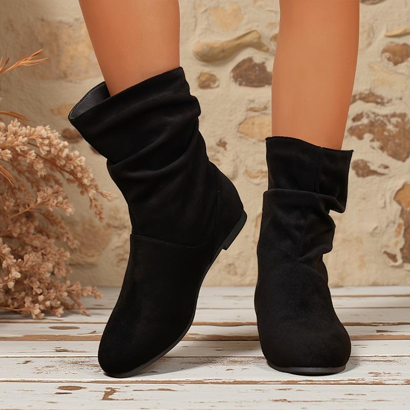New Women's Oversized Shoes with Pleated Boots, Round-toed, One-foot Retro Mid-calf Boots
