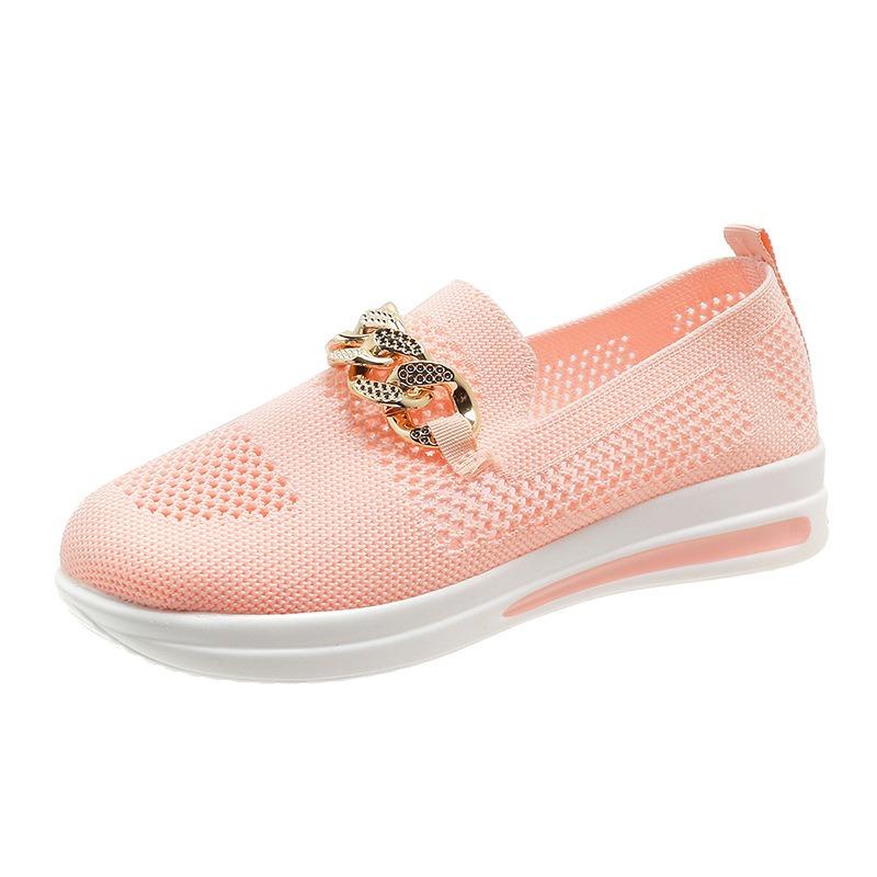 Spring new large-size women's shoes fly-woven breathable hollow upper metal chain wedge heel casual single shoes 43
