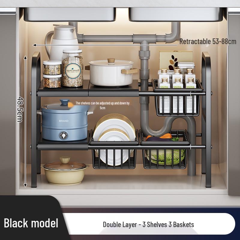 Rozšiřitelný kuchyňský úložný regál: Podumyvadlová police na organizér na nádobí