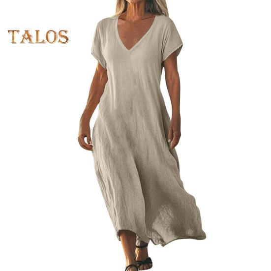 Damekjole i bomull og lin, avslappet, kortermet, v-hals, lang kjole, sommer, strand, ferie, swing, sommerkjole