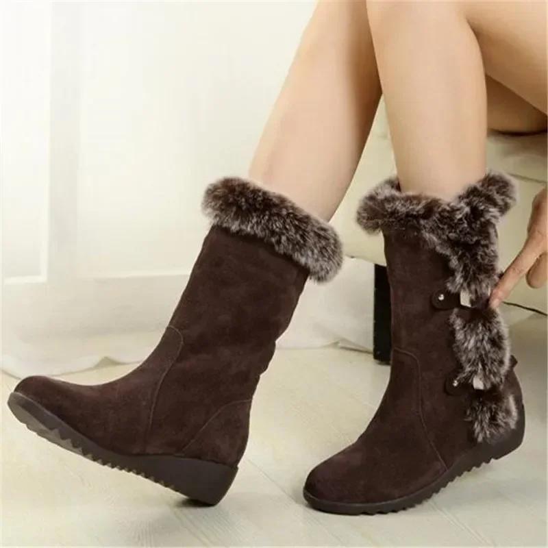 New Winter Women's Mid-calf Boots Fur Slip-On Round Toe Wedge Women's Shoes Casual Warm Snow Boots XL 42 Outdoor Zapatos Mujer