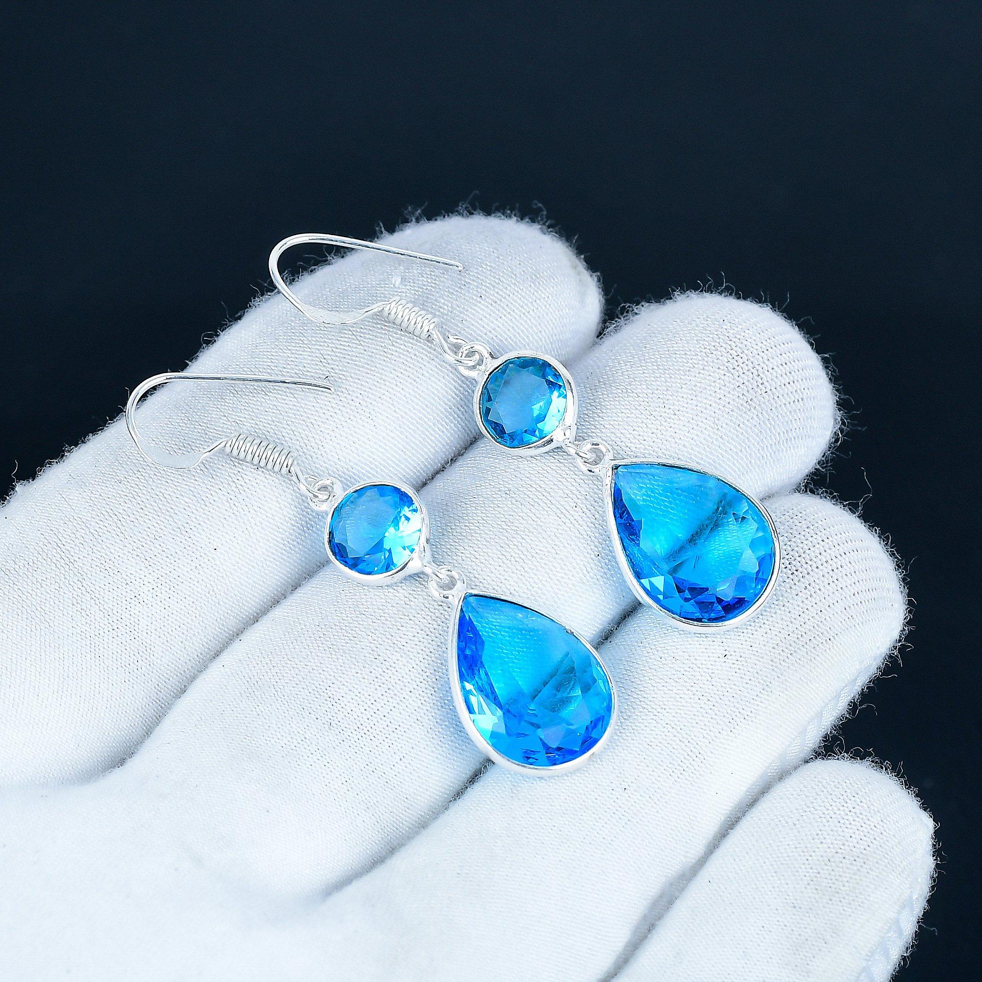 

Beautiful Blue Topaz Gemstone Earrings, 925 Sterling Silver Earring, Handmade Boho Silver Jewelry Dangle Earrings, Valentine s Day Gift 7 Cm синий