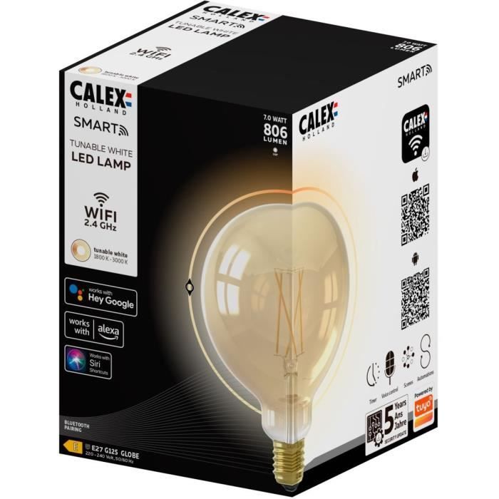 Ampoule LED Filament connectée Globe ambré G125 E27 - CALEX - 7W - 806 lm - 3000 K - Intensité variable - Or