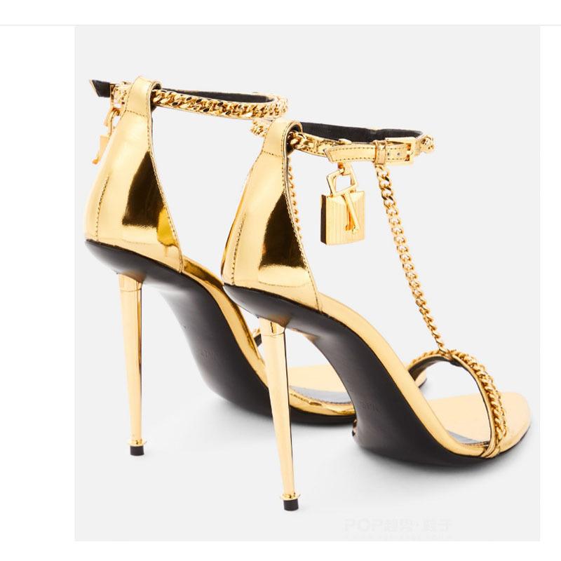Divat Divat Minimalista Arany Lánc Lakat Magassarkú Szandál Európai Amerikai Szexi Vékony Sarok Nyitott Orr Fém Lánc Hegyes Magassarkú