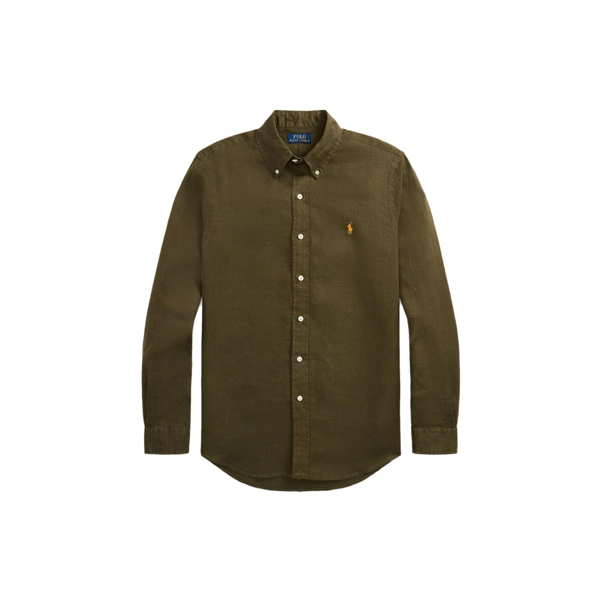 

Рубашка с длинным рукавом и вышитым логотипом Polo Ralph Lauren, заостренный воротник, мужские рубашки оливково-зеленого цвета 710794141-023 XL