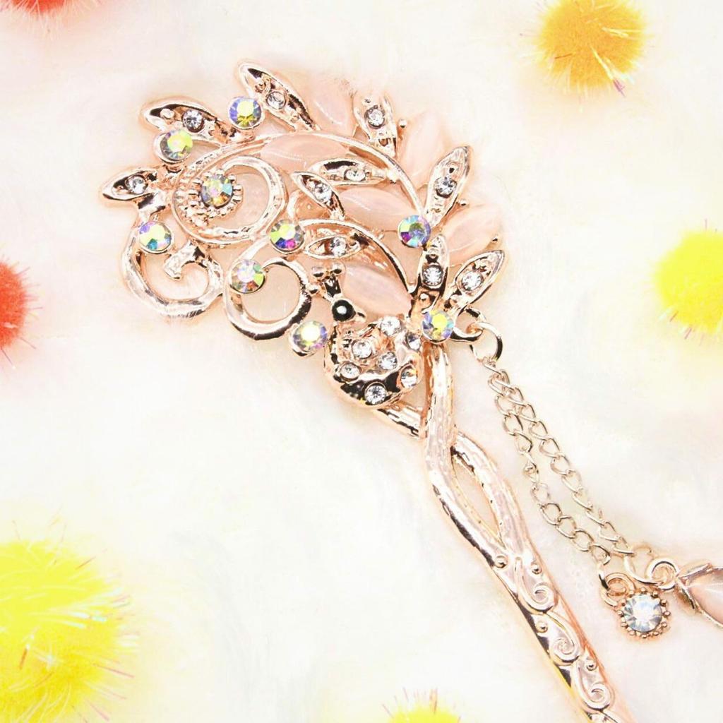 [MiaoMiao] Kanzashi (hairpin) - Single Piece - Japanese Style - Formal Kimono, Yukata, Etc. - Metal - Peacock Design - Crystal - Pink Gold - Hair