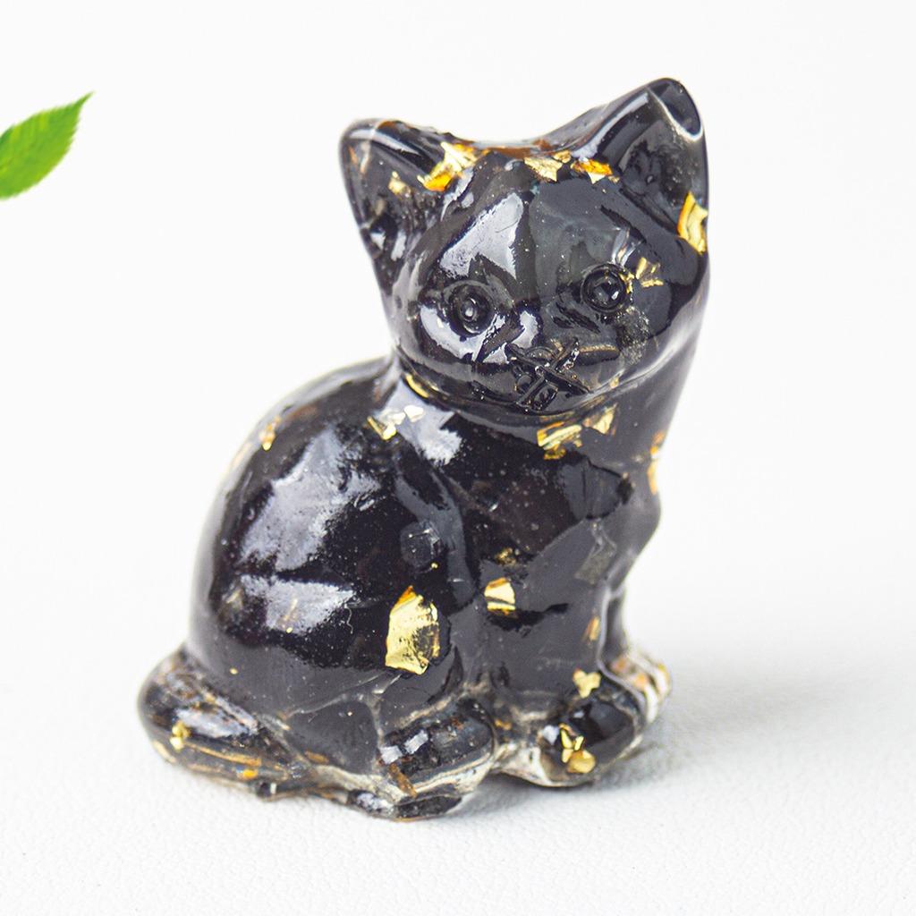 Natural Crystal Gravel Resin Sitting Turning Face Cat Figurine With Gold Foil Cute Desktop Decor For Home Office