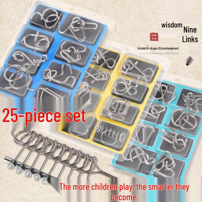 24-Piece Luban & Kongming Lock Puzzle Set - Nine-Link Iron Rings Brain Teaser Toy