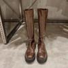 Introducing: Quick-Delivery Mom-Style Grape Boots – Wrinkled Horsehide, Round Toe, Thick Sole, Chunky Heel, Slimming Mid-Calf Knight Boots for Women.